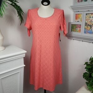 Everlily Coral Eyelet Fit & Flair Scoop Neck Tie-Sleeves Midi NEW w/tags Large